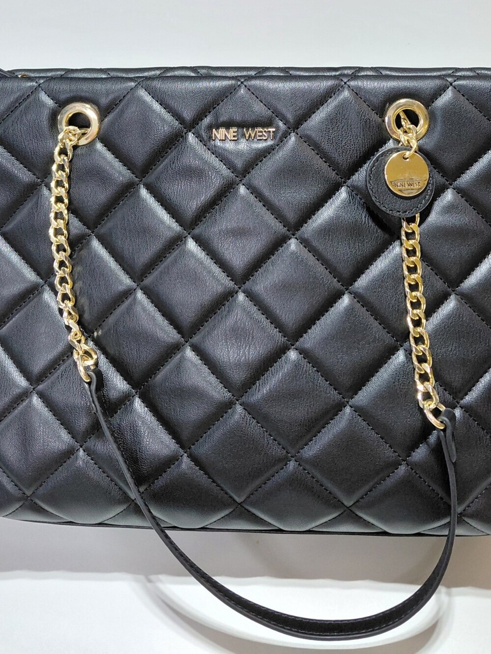 NINE WEST Women's Black Quilted Shoulder Tote with Gold Chain Accents